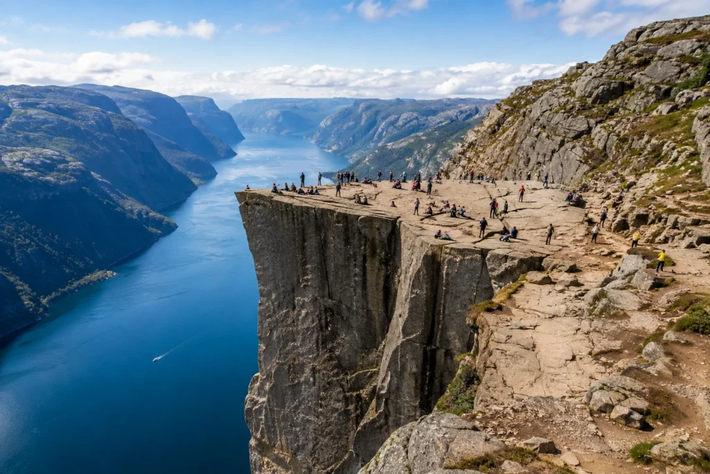 Stunning fjord view with hikers0A0A